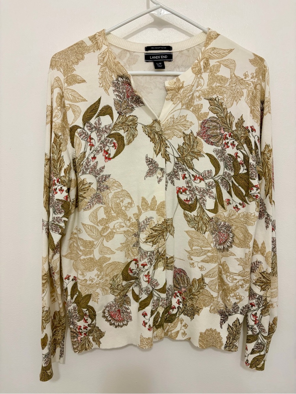 Lands' End Cream Button-Front Floral Knit Top with Olive & Red Accents